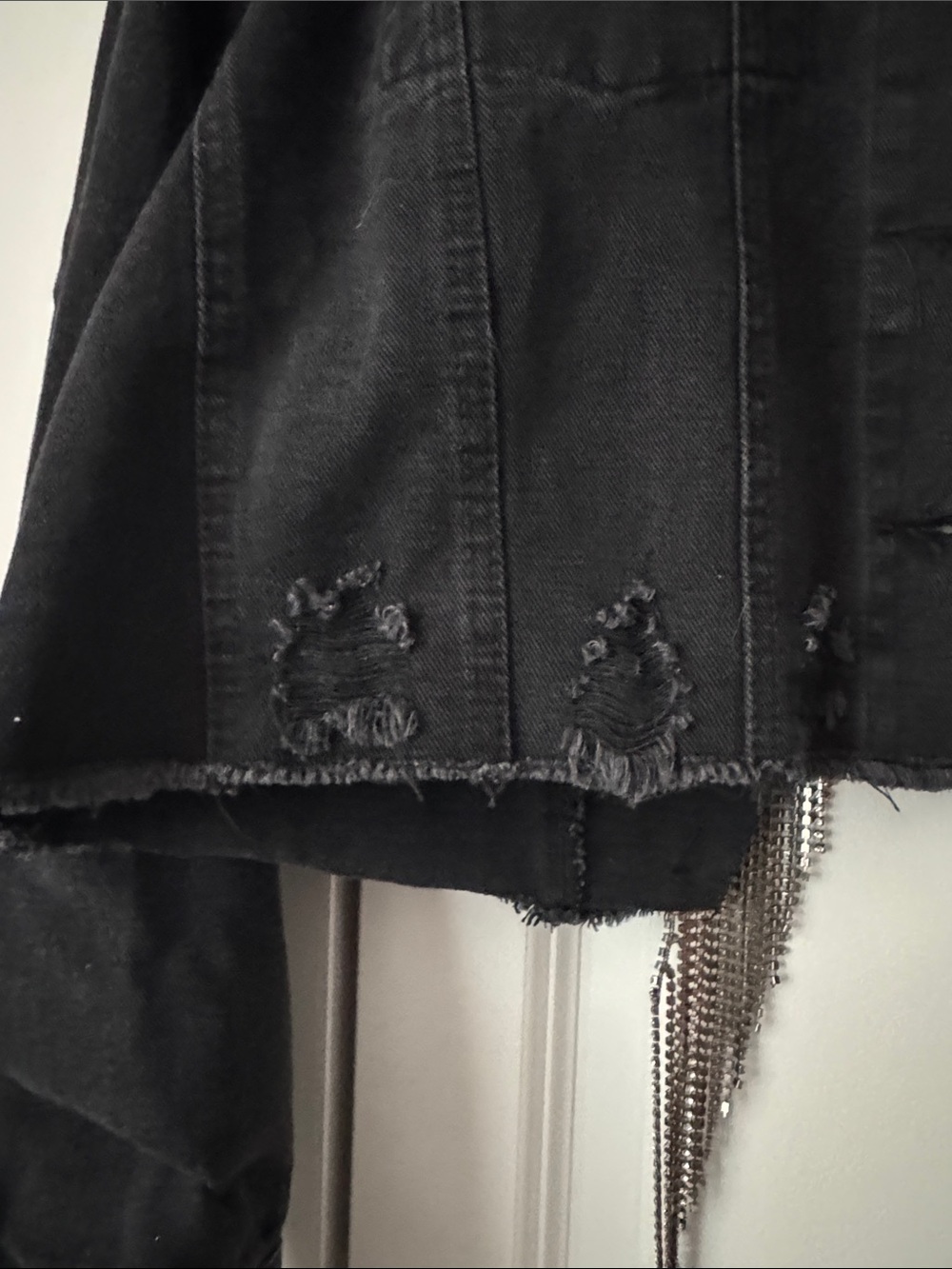 Black Distressed Denim Jacket with rhinestone fringe - Picture 4 of 6